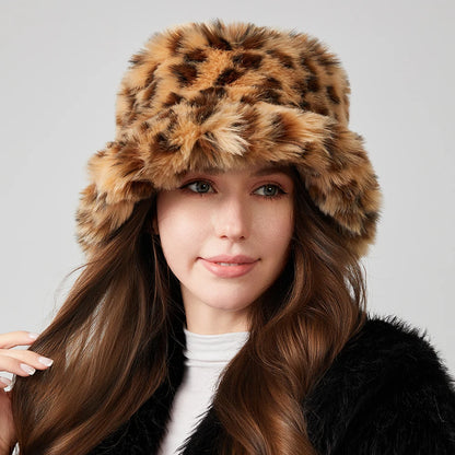 Retro Leopard Print Faux Fur Bucket Hat Winter