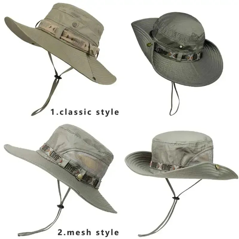 Summer Men Bucket Hat Outdoor UV Protection Wide Brim Panama Safari Hunting Hiking Hat