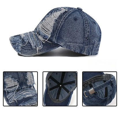 Distressed Denim Baseball Cap Ripped Vintage Dad Hat Unisex Adjustable