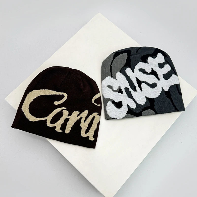 Letter Wool Knitted Hats Color Block Warm Personal Beanies
