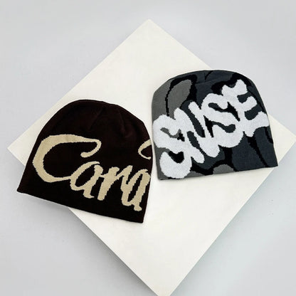 Letter Wool Knitted Hats Color Block Warm Personal Beanies