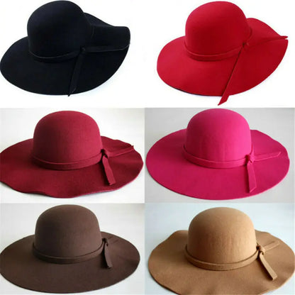 Women Sun Hat Vintage Lady Wide Large Wool Felt Cap