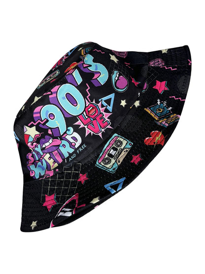 Abstract Personality Tape Black 90S Print Bucket Hat