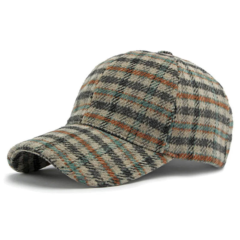 Elegant Plaid Fleece Baseball Cap Thick Warm Casual British Retro