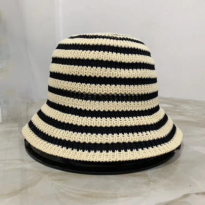 Striped Hollow Women Bucket Hat Spring Summer Outdoor