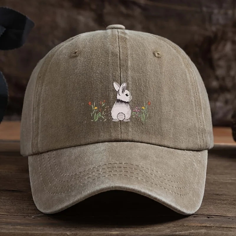 Baseball Cap Cute Rabbit Floral Print Lightweight Textile Fabric