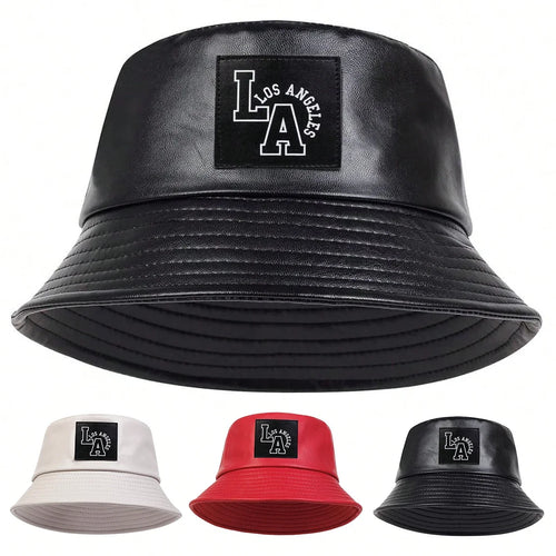 Unisex LA Letter Label Personality Pu Leather Bucket Hats Fishermen Caps