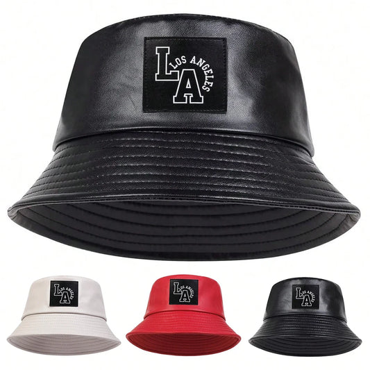 Unisex LA Letter Label Personality Pu Leather Bucket Hats Fishermen Caps
