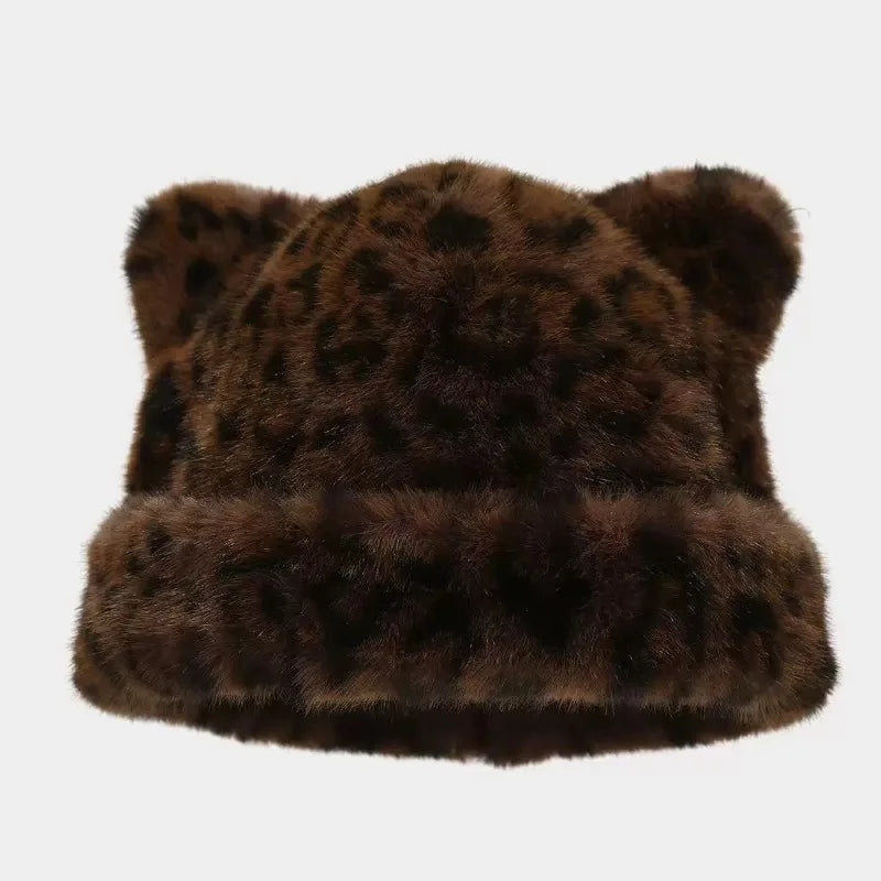 Leopard Print Plush Teddy Bear Hat For Women
