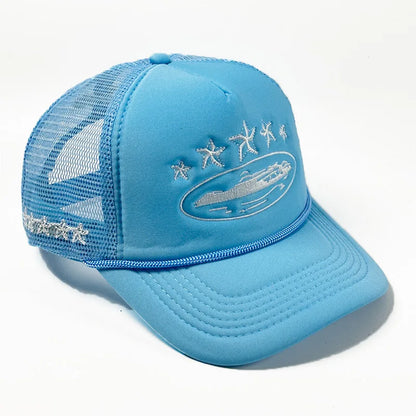 Street Style Star Ship Embroidered Breathable Mesh Trucker Hat