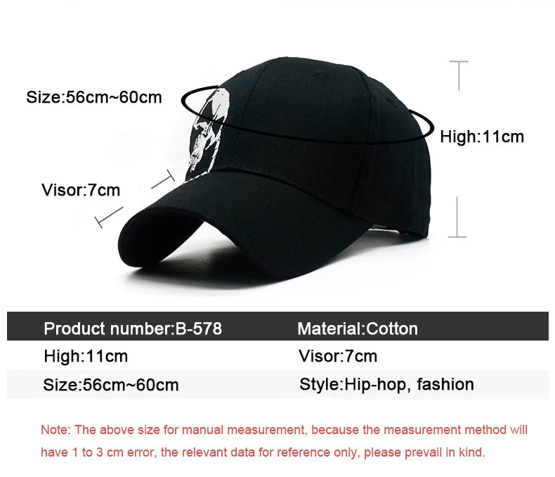Embroidered Skull Cap For Men Cotton Sports Baseball Caps Fashion Black Pattern