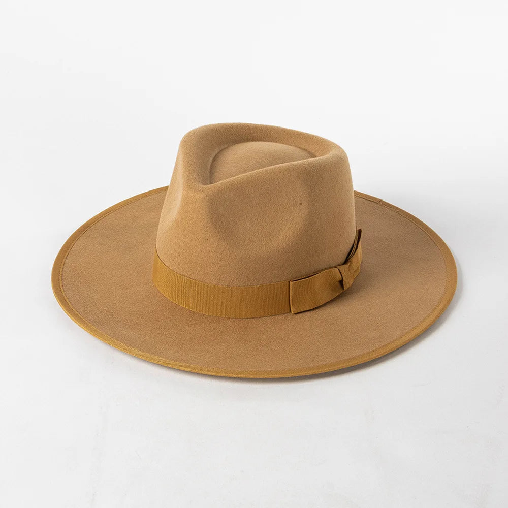 New British 100% Wool Fedoras Hat Women Retro Jazz Top Bow Felt Hat Men