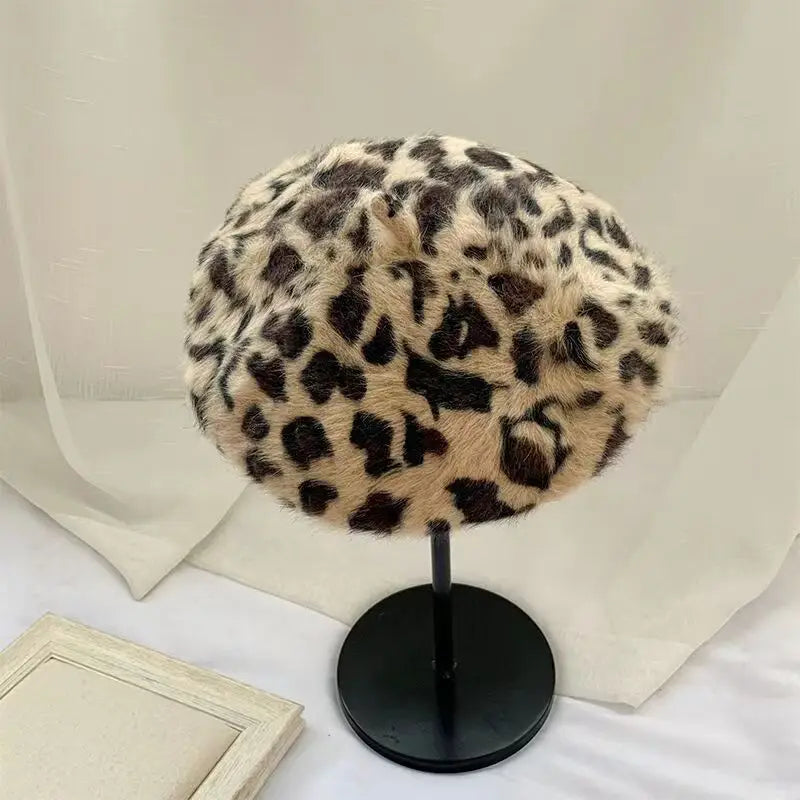 Beret Women Rabbit Fur Spotted Leopard Beret Sherlock Hat