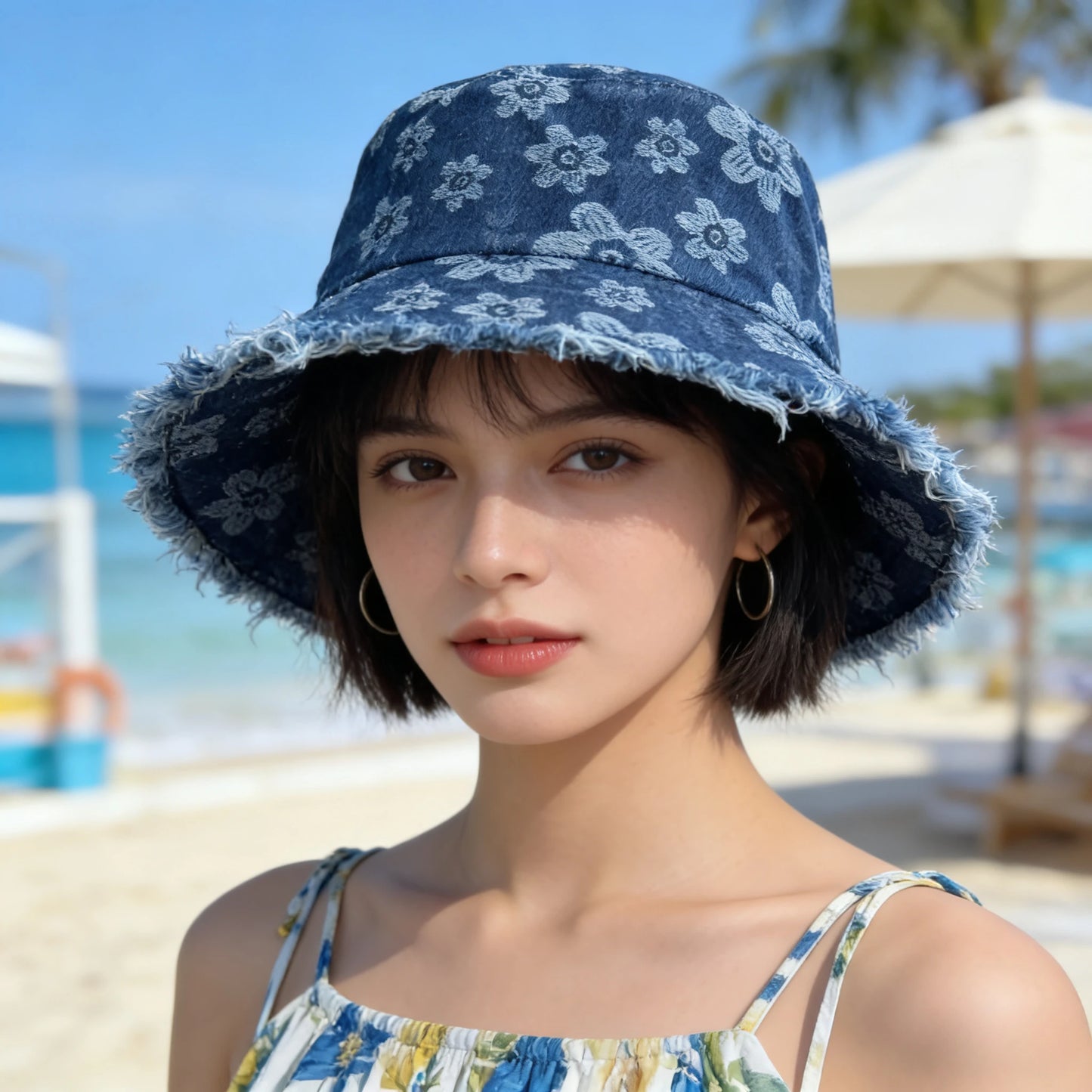 New Summer Embroidery Flower Washed Denim Bucket Hat