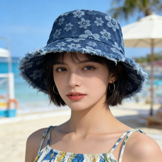 New Summer Embroidery Flower Washed Denim Bucket Hat