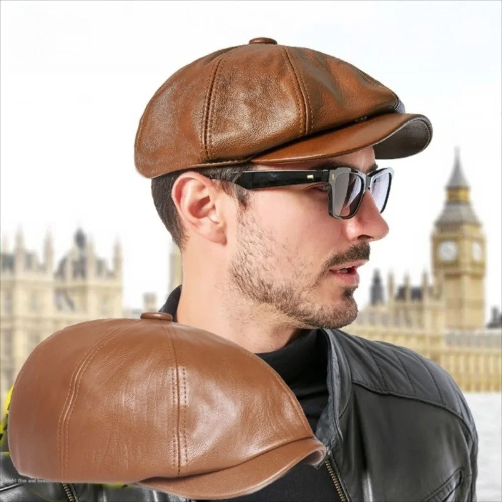 Casual Retro Leather Newsboy Caps Elegant Elastic Band Adjustment Peaked Cap