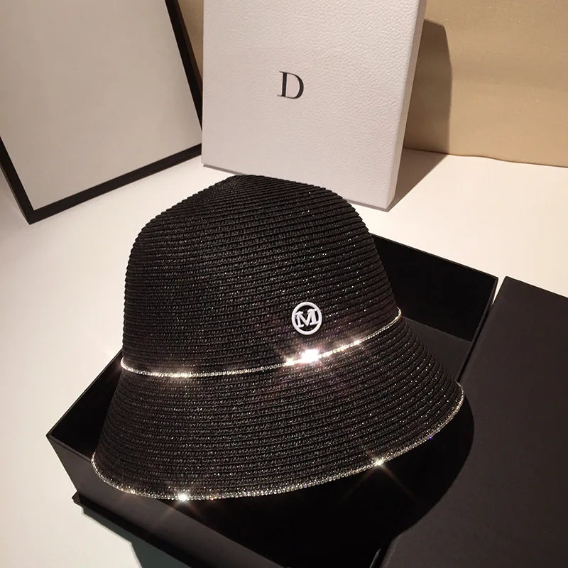 Woolen Rhinestone Solid Color Basin Hat Leisure Outdoor Beach Sun Hat