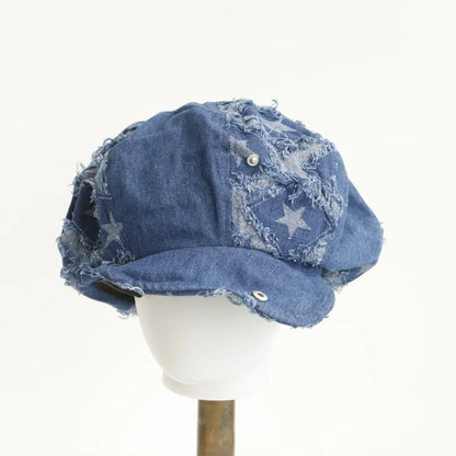 Y2k Rough Edge Star Design Denim Berets Caps