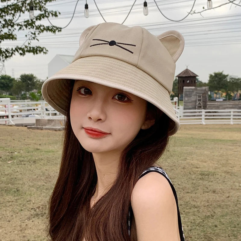 Korean Cartoon Cat Ears Women Bucket Hat Spring Summer