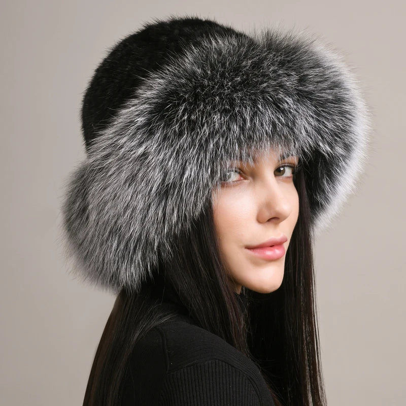 New Genuine Real Natural Knitted Mink Fur Hat Cap Real Fox Fur Beanies