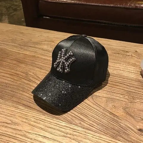 2026 New Luxury Y2K Glitter Baseball Cap – Pearl NY Logo Satin Snapback