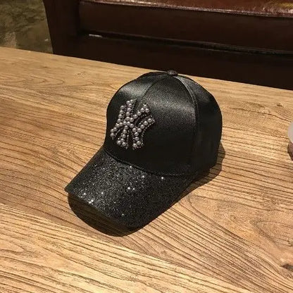 2026 New Luxury Y2K Glitter Baseball Cap – Pearl NY Logo Satin Snapback