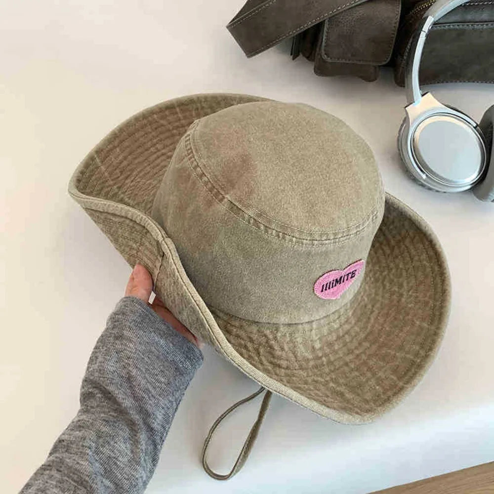 Retro UV Protection Bucket Hat Heart Wide Brim Sun Hat