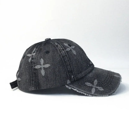 Cross Denim Baseball Cap With Jacquard Fringe, Vintage Distressed, Cropped Edge Cap