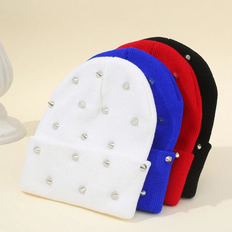 Men Punk Rivet Beanie Hat, Goth Gothic Skull Caps