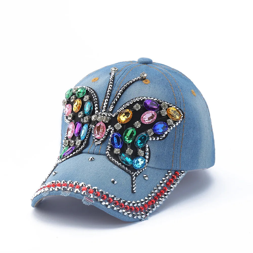 Baseball Cap Denim Distressed Rhinestone Bling Sparkle Hip Hop Hat