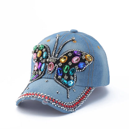 Baseball Cap Denim Distressed Rhinestone Bling Sparkle Hip Hop Hat