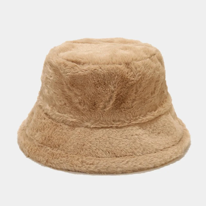 Faux Rabbit Fur Bucket Hat Lady Winter Warm Soft Panama Hat
