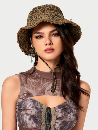 Retro Washed Rough Edge Leopard Women Drawstring Bucket Hat