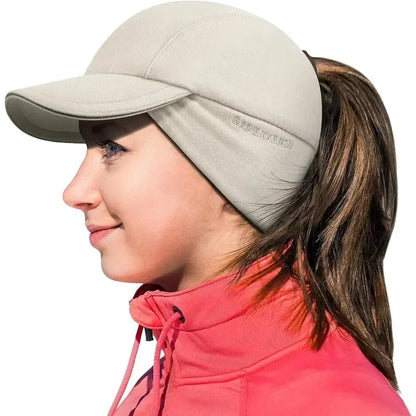 Women's Winter Reflective Fleece Ponytail Hat with Drop Down Ear Warmer Hat Baseball Cap