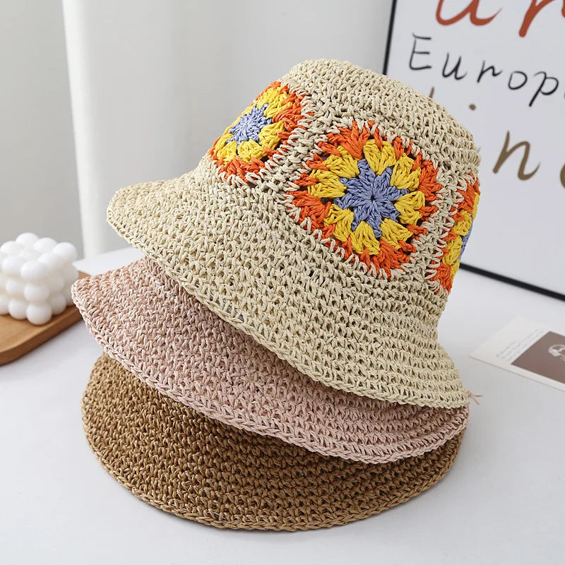 New Foldable Straw Crochet Flower Hat Women's