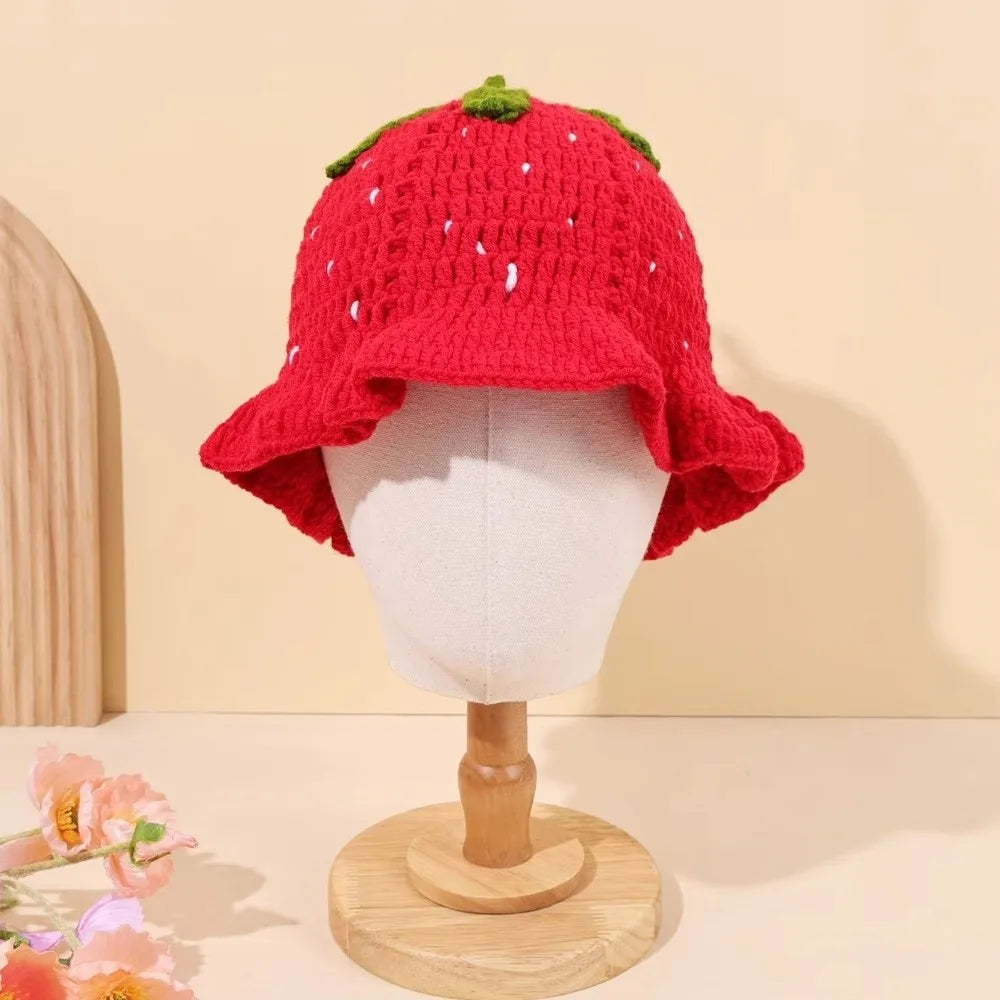 Cute Handmade Fisherman Hat Red Strawberry Design Basin Hat