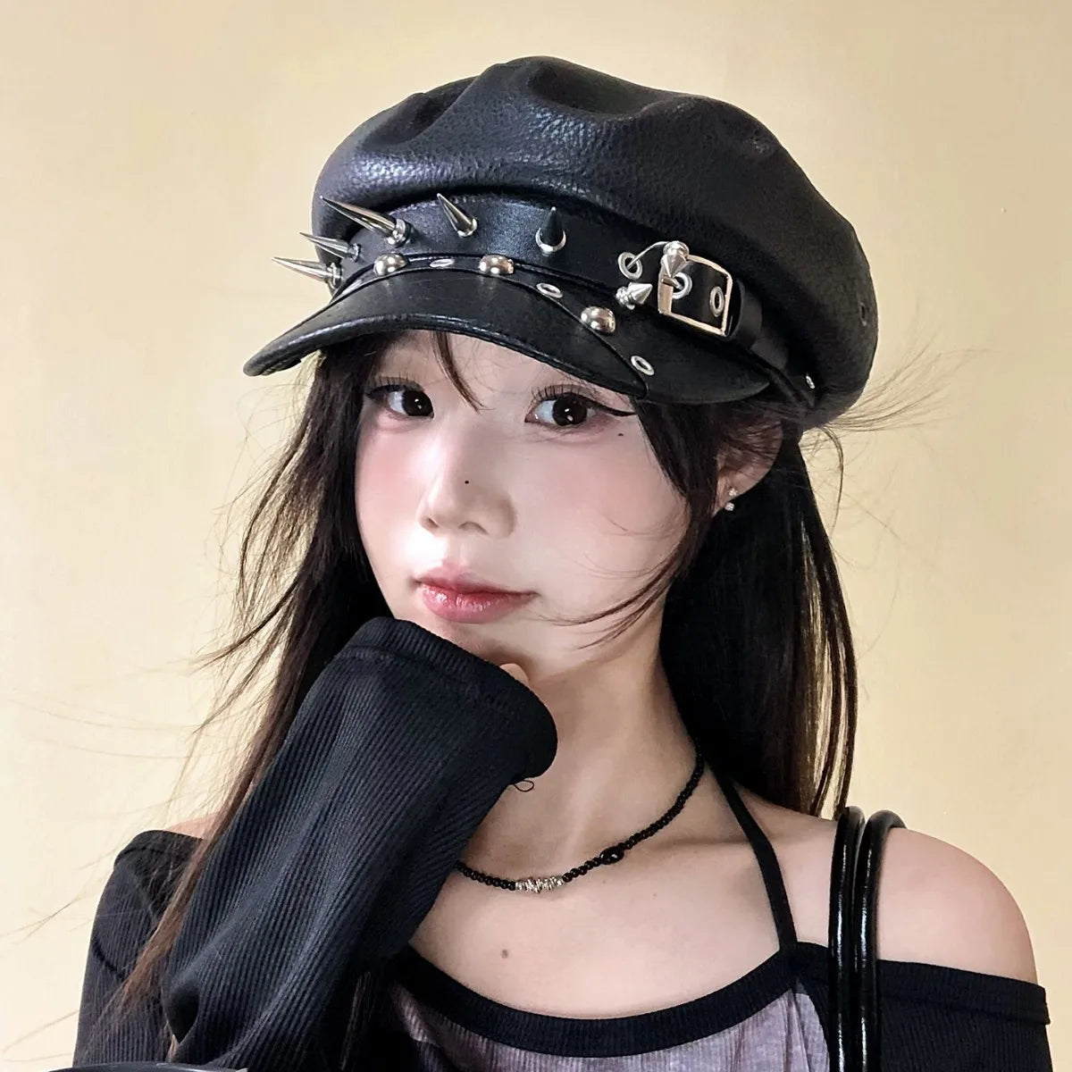 Gothic Punk Faux Leather Military Cap Spiked Studded Cadet Hat