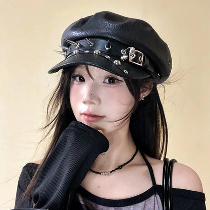 Gothic Punk Faux Leather Military Cap Spiked Studded Cadet Hat