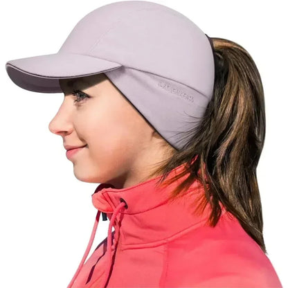 Women's Winter Reflective Fleece Ponytail Hat with Drop Down Ear Warmer Hat Baseball Cap