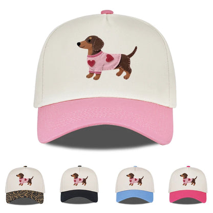 Cute Dachshund Heart-Print Color-Block Baseball Cap