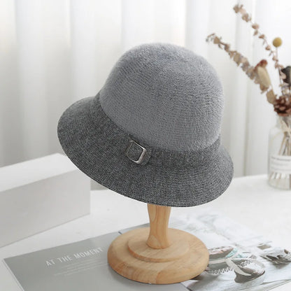 Women Knitted Bucket Hat Autumn Winter Solid Color
