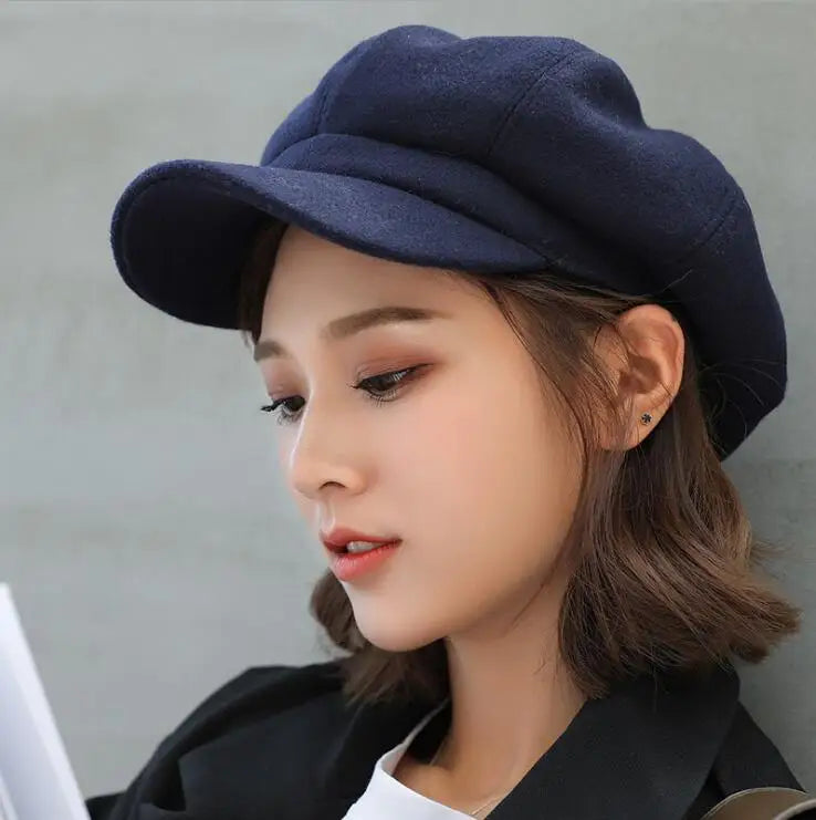 Autumn Winter Hats For Women Solid Plain Octagonal Newsboy Cap
