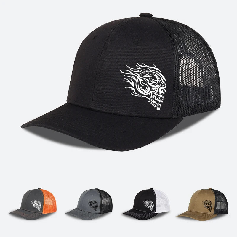 Flame Skull Print Trucker Cap Breathable Mesh Adjustable Cool & Bold Rocker Style Fashion Unisex Outdoor
