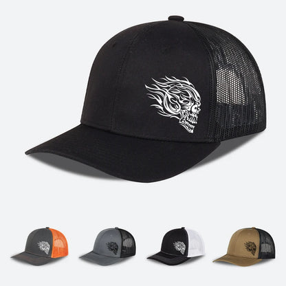 Flame Skull Print Trucker Cap Breathable Mesh Adjustable Cool & Bold Rocker Style Fashion Unisex Outdoor