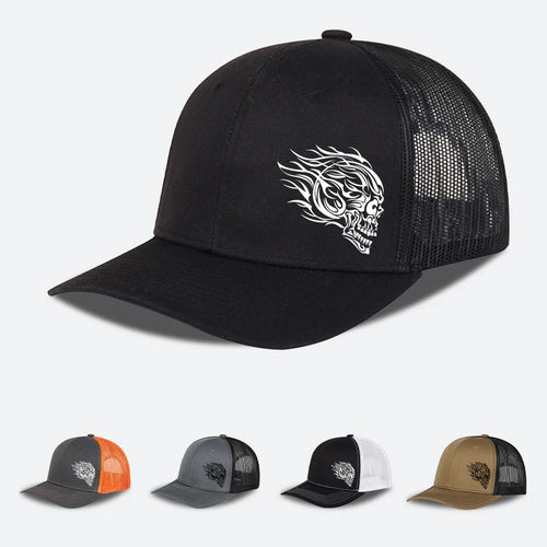 Flame Skull Print Trucker Cap Breathable Mesh Adjustable Cool & Bold Rocker Style Fashion Unisex Outdoor
