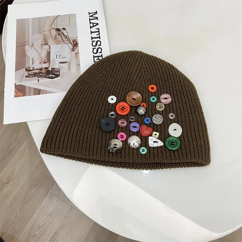 Korean Designer Colorful Button Beanies Wool Hat