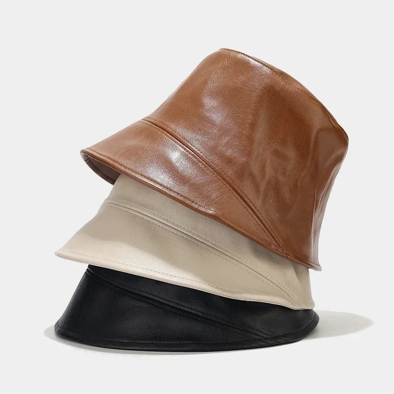 Faux Leather Bucket Hat Women Reversible Pu And Cotton Sun Hat