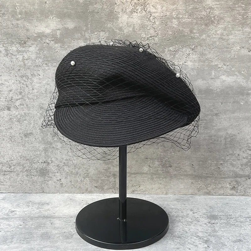 Elegant Mesh Pearl Beret Newsboy Hat Japanese Pleated Cap