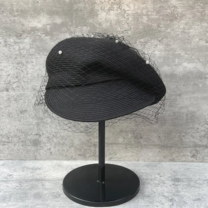 Elegant Mesh Pearl Beret Newsboy Hat Japanese Pleated Cap
