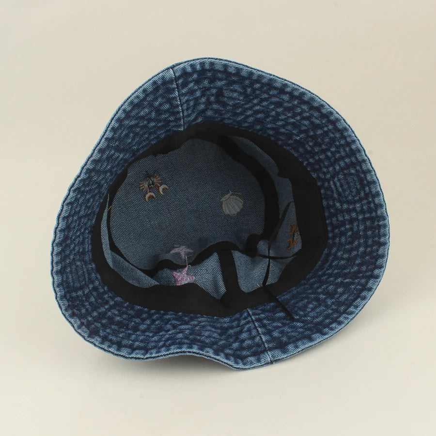 2026 Baby Cute Shell Starfish Crab Embroidery Denim Bucket Hat For Kids